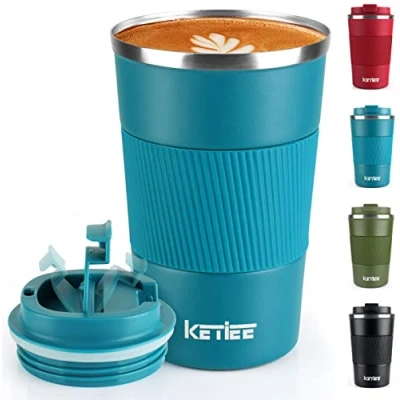 Afbeelding van KETIEE reisbeker, 380 ml, geïsoleerde koffiemok, met lekvrij deksel, herbruikbaar, dubbelwandig, van roestvrij staal, thermosbeker, voor warme en koude dranken, blauw