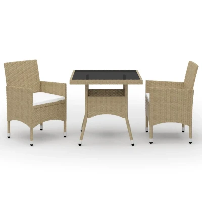 Afbeelding van 3 delige Tuinset poly rattan en glas beige