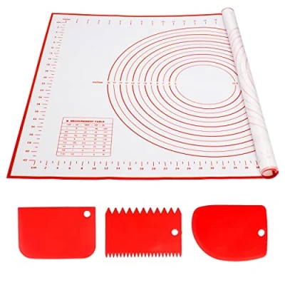 Afbeelding van Alyvisun Herbruikbare siliconen bakmat met 3 schrapers, 70 x 50 cm, antislip, mat en bakgerei, meetbaar, accessoires voor deeg, macaron, koekjes