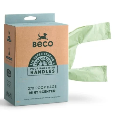 Afbeelding van Beco duurzame hondenpoepzakjes gemaakt van gerecycled plastic met mintgeur en handvat 270 zakjes