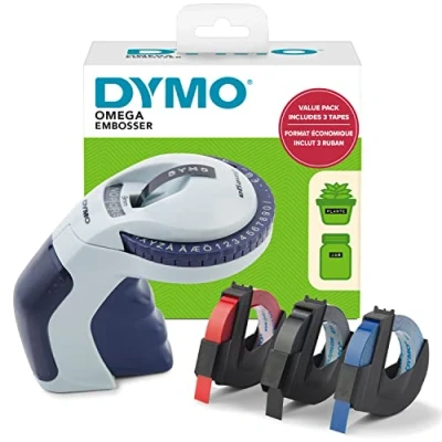 Afbeelding van DYMO Embossing etiketteermachine met 3 labelbanden, starterset voor Omega labelapparaten, klein ergonomisch design klikwiel, thuis, knutselen en