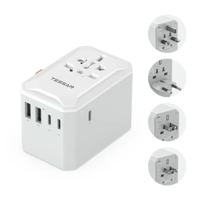 Afbeelding van TESSAN universele stekkeradapter, reisadapter met 3 USB C en 2 A, 2500 W, reisstekker voor de VS, Thailand, Japan, VK, Brazilië, Australië, Spanje, Maleisië, India