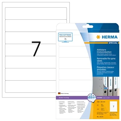 Afbeelding van HERMA 10155 ordnerrugetiketten, afneembaar, kort en smal, 192 x 38 mm, 7 per A4 vel, zelfklevend, bedrukbaar, ondoorzichtig, wit, 175 stuks