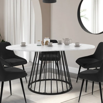 Image de Table à manger extensible ronde YUNA 4 8 personnes plateau effet marbre blanc ALASKA et noir 110 150 cm IDMarket