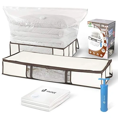 Image de VOUNOT® Lot de 5 Sac Rangement sous Lit en Tissu Grande Capacité XXL 2 Sacs Vide avec housses 1 Pompe Coffre Duvet et Couettes