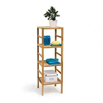 Afbeelding van relaxdays badkamerrek walnoot geolied 4 etages houten rek opbergrek