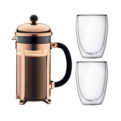 Afbeelding van Bodum Chambord Set Cafetière koper 8 kops 1.0l met 2 Pavina dubbelwandige glazen 0.35l