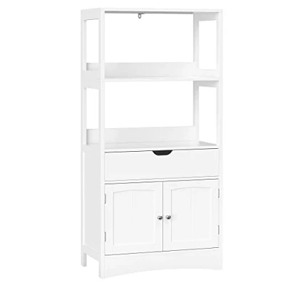 Afbeelding van VASAGLE BBC64WT Opbergkast met lade, 2 open vakken, deuren, kast, badkamerkast, voor ingang, keuken, woonkamer, wit, 4 etages, wit