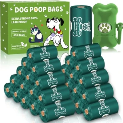 Afbeelding van JEDWKFA 600 stuks hondenpoepzakjes, 24 rollen, met 1 poepzakdispenser voor honden, gegarandeerd lekvrij en extra dik, hondenpoepzakken, geparfumeerd, donkergroen