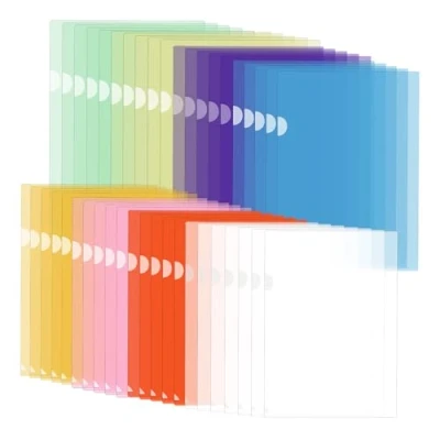 Afbeelding van Lot de 42 pochettes transparentes A4 ouvertes sur le côté porte documents coloré en 8 couleurs, transparent, pour un rangement sûr et ordonné des papiers.