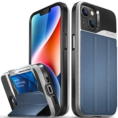 Afbeelding van VENA vCommute Portemonneehoesje compatibel met Apple iPhone 14 (6,1 inch), militaire valbescherming, lederen klaphoes kaartsleuf en standaard, blauw