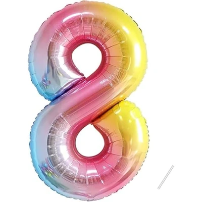 Afbeelding van Verjaardagsballon 8 jaar, regenboog 101 cm ballon cijfer 8, decoratie verjaardag jaar feestdecoratie vliegt dankzij helium..