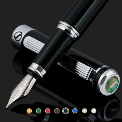 Afbeelding van Scriveiner Vulpen zwart groen leuke pen met chromen afwerking, veer Schmidt, ideaal voor dames en heren, professioneel, directeur, mooie balpen