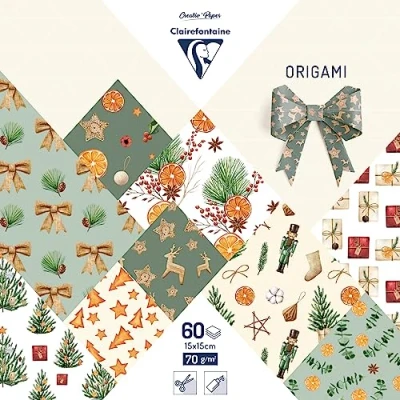Afbeelding van Clairefontaine 95383C 60 vellen origami papier, 70 g/m², kerstcollectie, vitamine, formaat 15 x cm, 30 kleurrijke motieven (2 per motief), creatieve vrije tijd voor volwassenen en kinderen