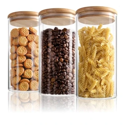 Afbeelding van 3 x voorraadpotten met bamboe deksel, luchtdichte herbruikbare glazen bak van borosilicaatglas, voorraadpotten, 1,3 liter