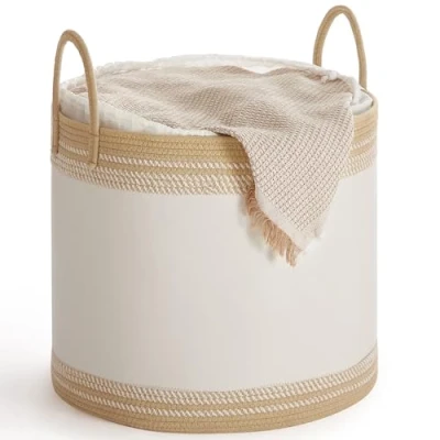 Afbeelding van SONGMICS Wasmand, 90 l, opbergmand met deksel, katoenen touw, handvat, trekkoord, voor kleding, dekens, woonkamer, 50 x 46 cm, camel bruin RLH090K01