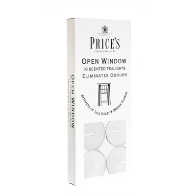 Afbeelding van Price&#039;s Set van 10 theelichtjes met open raam Geurverwijdering Gemaakt extracten lelies, viooltjes en oranjebloesems Zuivere, frisse hoogwaardige Geur