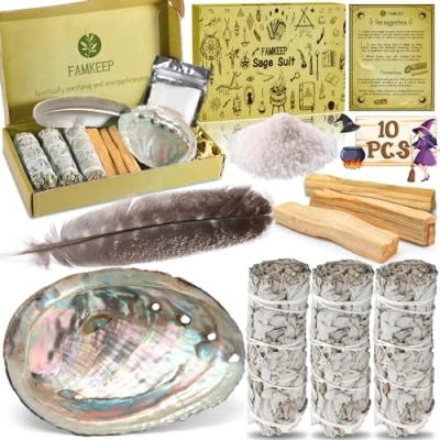 Afbeelding van FAMKEEP witte salie, 3 bundels salie + Palo Santo abalone schelp, natuurlijke wierook om te verbranden anti stress meditatie, voor energiereiniging, negatieve energie elimineren