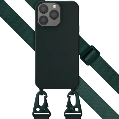 Afbeelding van Selencia hoesje Geschikt voor iPhone 13 met koord Siliconen afneembaar Donkergroen