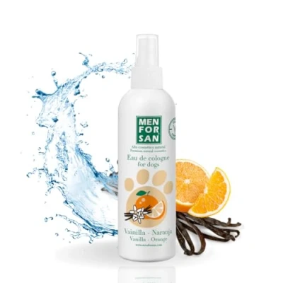 Image de MENFORSAN Eau de Cologne pour chiens Vanille/Orange Parfum intense et rafraîchissant Effet déodorant N&#039;irrite pas la peau pH neutre 125 ml