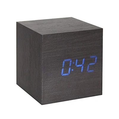 Afbeelding van Lancoon Wekker van hout, mini digitale led klok met temperatuurweergave, helderheid op 3 niveaus en spraakbediening, ideaal voor reizen thuis AC10Black_Blue