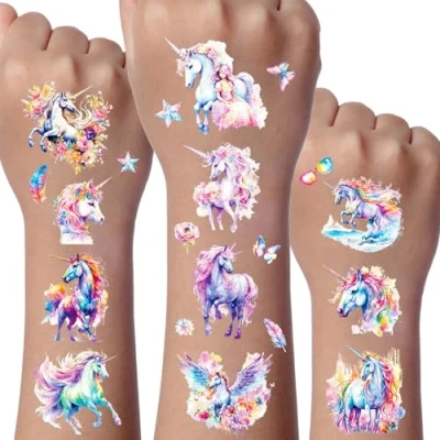 Afbeelding van Licorne Tatouage Enfant, 12 Feuilles Ephemere Paillette Fille, Tatouages Decoration Anniversaire Licorne, Cadeau pour Filles