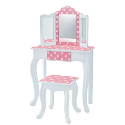 Afbeelding van Teamson Kids Kaptafel en Stoel Voor Kinderen Houten Polka Dot Roze/Wit
