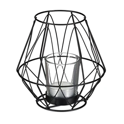 Afbeelding van Relaxdays waxinelichthouder metaal theelichthouder met glas hoog geometrisch zwart
