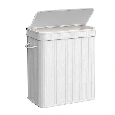 Afbeelding van SONGMICS LCB063W01 Wasmand met afneembaar en machinewasbaar bamboedeksel, handgrepen, voor bijkeuken, slaapkamer, woonkamer, 100 l, wit