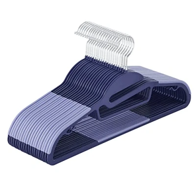 Afbeelding van SONGMICS 20 stuks kleerhangers van kunststof, met U vormige opening, antislip, ruimtebesparend, 0,5 cm dik, 41,5 lang, 360 graden draaibare haak, donkerblauw essenhout en blauwe essen