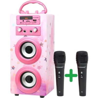 Afbeelding van DYNASONIC Draagbare karaoke machine, 2 microfoons, bluetooth luidspreker, verlichting, USB en SD speler (025 15)