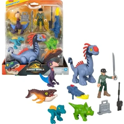 Afbeelding van Fisher Price Multipack dinosaurussen lucht, zee, aarde Imaginext uit de film Jurassic World: Renaissance, met 1 mens van 7 cm, 5 dinosaurussen, launcher en accessoires, JFR25