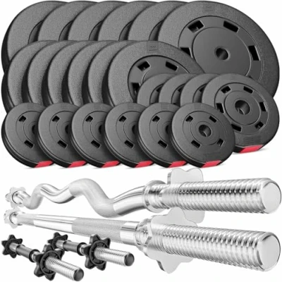 Afbeelding van Hop Sport Halterschijven Set van 125 kg met Halterstang en Curlstang Inclusief 1 x Lange 167 cm, Curl Stang 120 2 Korte Halters 45 cm Complete Halterset voor Fitness Bodybuilding Gewichtheffen Thuisworkouts
