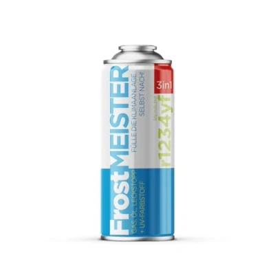 Afbeelding van FrostMEISTER 3 in 1 navulset voor auto airconditioning, 400 ml, inclusief vervanging R1234yf, compressorolie en afdichtmiddel, (vanaf 2017), snel, eenvoudig