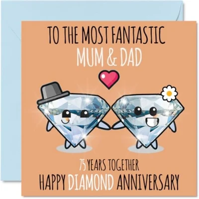 Afbeelding van Schattige diamanten verjaardagskaart voor mama en papa 75 jaar samen wenskaarten 75e huwelijksverjaardag papa, mama, 145 mm x