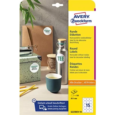 Afbeelding van Avery Zweckform 6225REV 10 ronde etiketten (150 kleefpunten, Ø 51 mm op A4, stickers om af te drukken, verwijderbaar/verwijderbaar zonder resten achter laten), vellen, wit