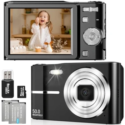 Image de FAYIBUY appareil photo numérique 50 MP 1080p FHD, avec zoom 16 x, rechargeable, compacte, carte 32 Go, pour enfants, étudiants, débutants