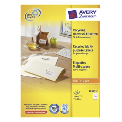 Image de Avery Zweckform LR3475 étiquettes multi usages recyclées A4 70 x 36 mm (2400 étiquettes) blanc