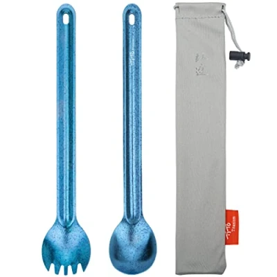 Afbeelding van TiTo Titanium Milieuvriendelijke ultralichte lepel en vork met lange steel voor kamperen, wandelen, reizen, picknick, servies tas, 2 stuks, blauw