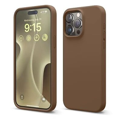 Afbeelding van elago Vloeibare siliconen telefoonhoes compatibel met iPhone 15 Pro Max, hoogwaardig, volledige bescherming, 4 laags schokbestendige structuur, zachte microvezel anti kras voering (Bruin)