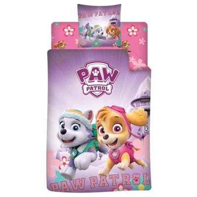 Afbeelding van Aymax 3 delige beddengoedset, Paw Patrol, roze dekbedovertrek 140 x 200 cm + kussensloop 63 bijpassend hoeslaken 90 190 cm, met Stella en Everest