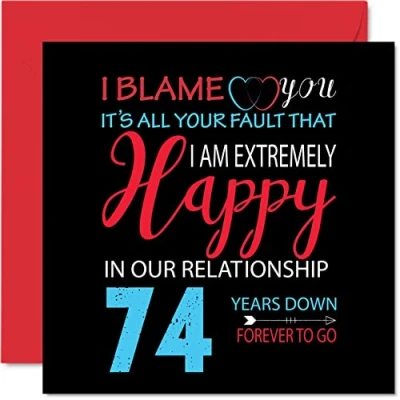 Afbeelding van Grappige kaart voor de 74e verjaardag echtgenoot en echtgenote Your Fault I&#039;m Extremely Happy wenskaart trouwdag partner, 145 mm x