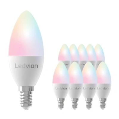 Afbeelding van Ledvion Set van 10 SMART RGB+CCT E14 LED lamp, Wi Fi verlichting, Wifi dimbaar, 5W, 470 Lumen, compatibel met onder andere Alexa en Google Home