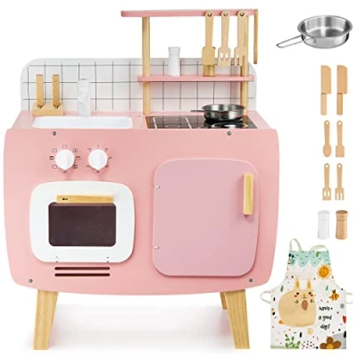 Afbeelding van Mamabrum Houten retro keuken met schort en accessoires, Roze