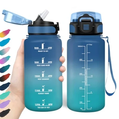 Afbeelding van HoneyHolly Drinkfles, 500 ml, lekvrij, BPA vrij, motiverend, met tijdmarkering, drinkfles rietje, sportfles voor kinderen, fiets, fitness, school, kantoor