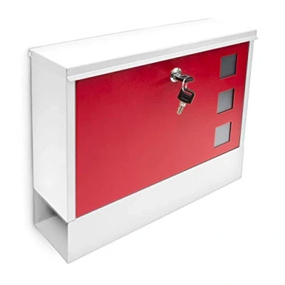 Image de Relaxdays Boîte aux lettres murale, HLP : 30 x 36 10 cm, compartiment à journaux, porte courrier, métal, blanc/rouge