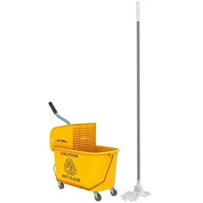 Afbeelding van HOMCOM Huishoudelijke trolley, waswagen, professionele reinigingswagen, zijcentrifuge, emmer 20 l, handvat en dweil, 45 x 26,5 70 cm, geel