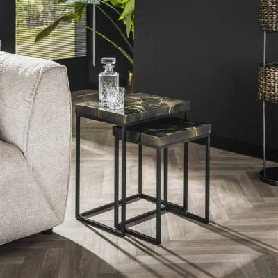 Afbeelding van Hoyz Collection Bijzettafelset Set van 2 Rechthoekig Black And Gold Massief Gerecycled Teakhout