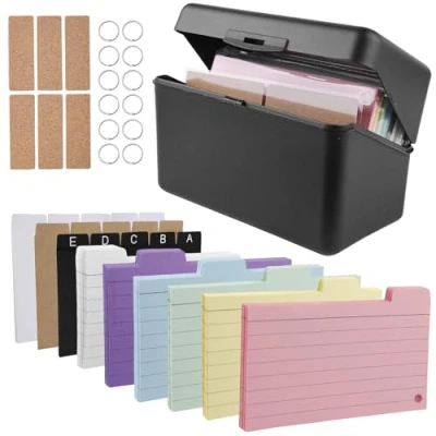 Afbeelding van Educatieve kaartenbox voor 300 kaarten, DIN A7, A8, met 230 15 scheidingsbladen, 6 ringen, stickers notities, schoolbenodigdheden, kantoor
