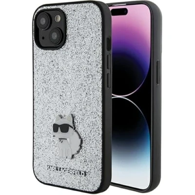 Afbeelding van Karl Lagerfeld Fixed Glitter Choupette Logo Metalen Pin hoesje voor iPhone 15 zilver